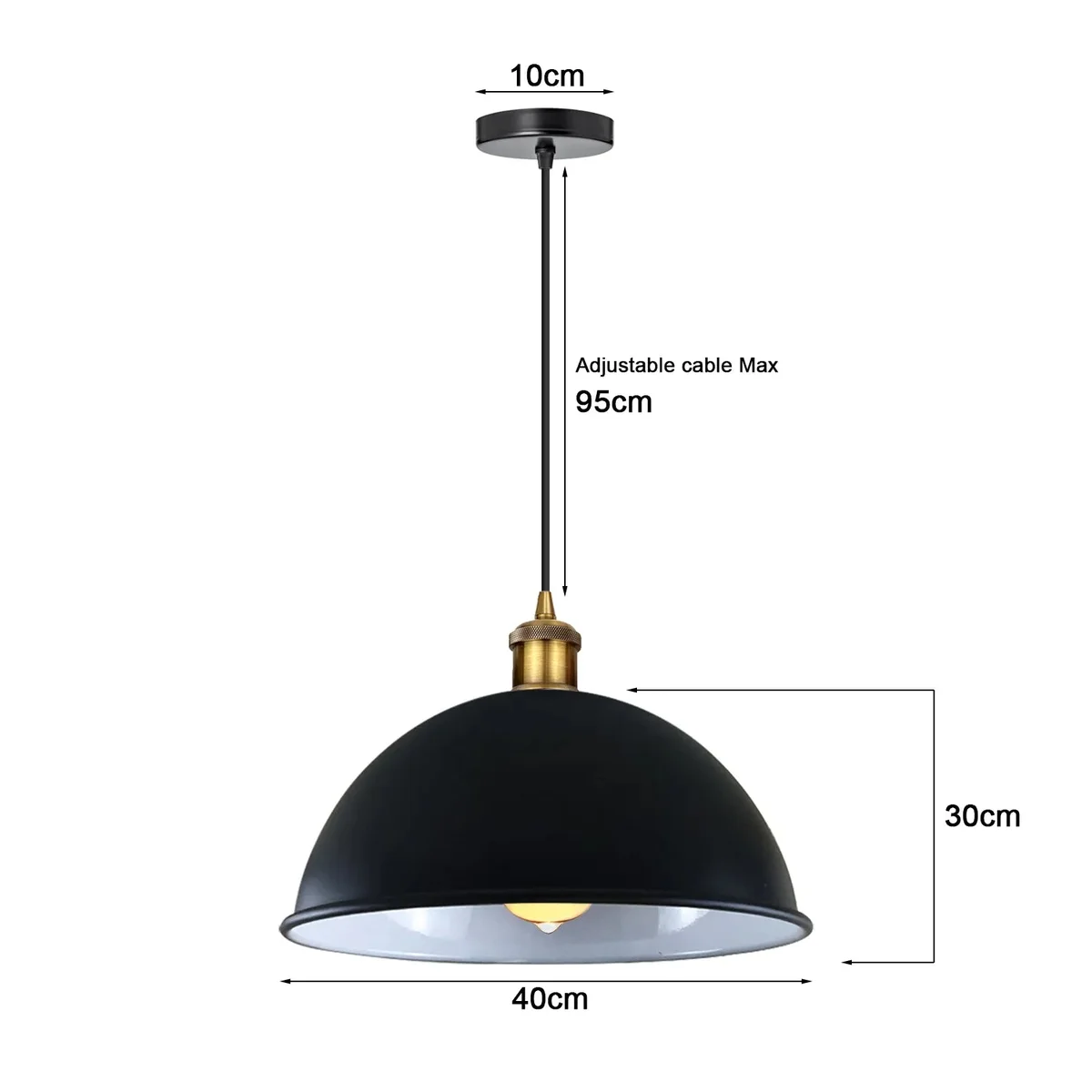 Matt black adjustable cord pendant with metallic dome shade and 95cm cord, vintage industrial style.