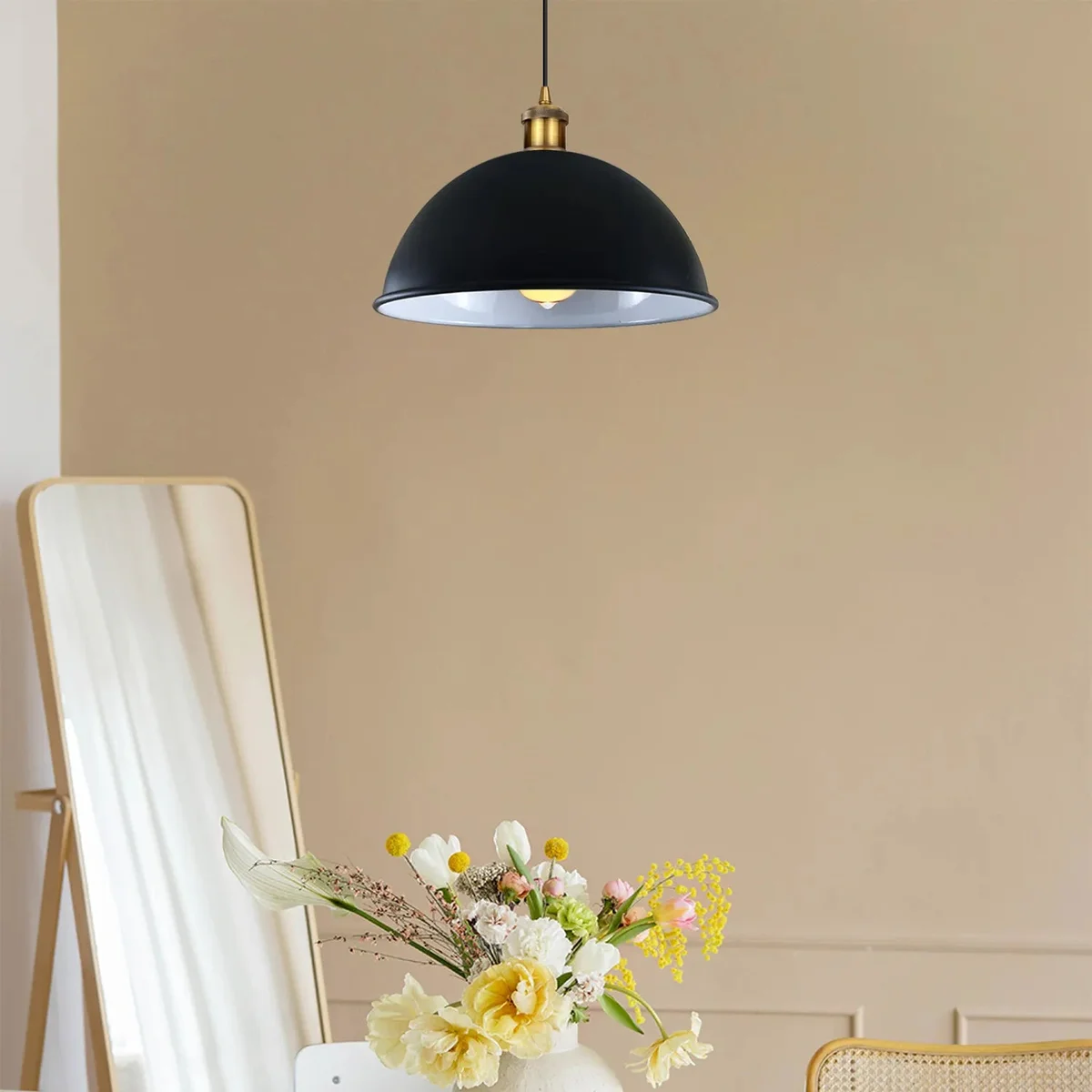 Matt black dome pendant light with metallic frame, 40cm shade, adjustable 95cm cord, E27 base pendant design.