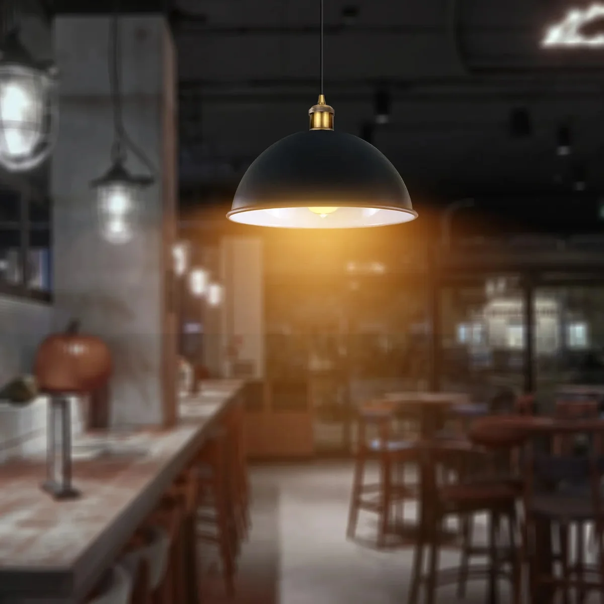 Matt black dome metal pendant lamp with metal shade, adjustable cord, hanging from ceiling, classic vintage style