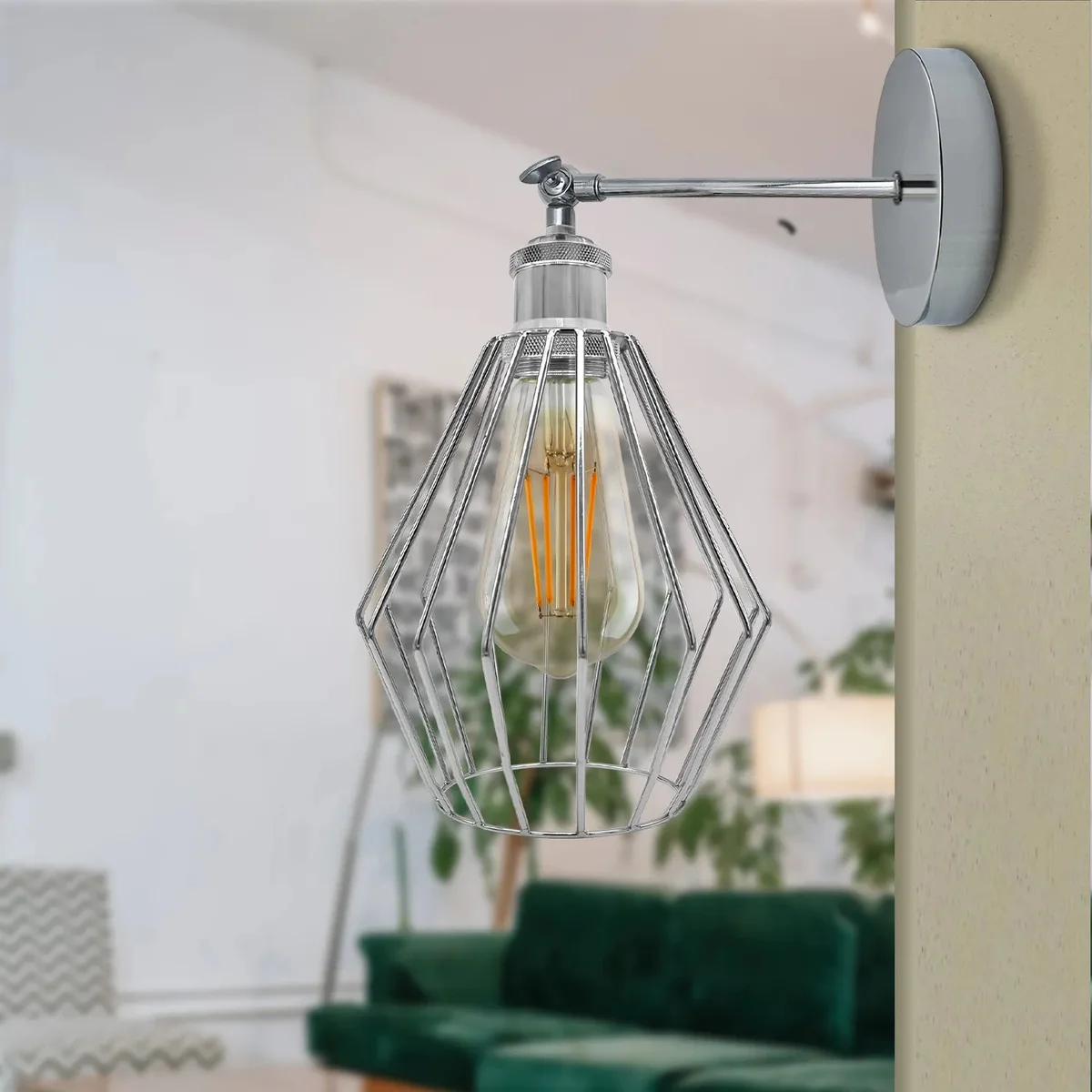 chrome wall light with diamond-shaped metal cage, 20cm square, electroplated finish, E27 socket