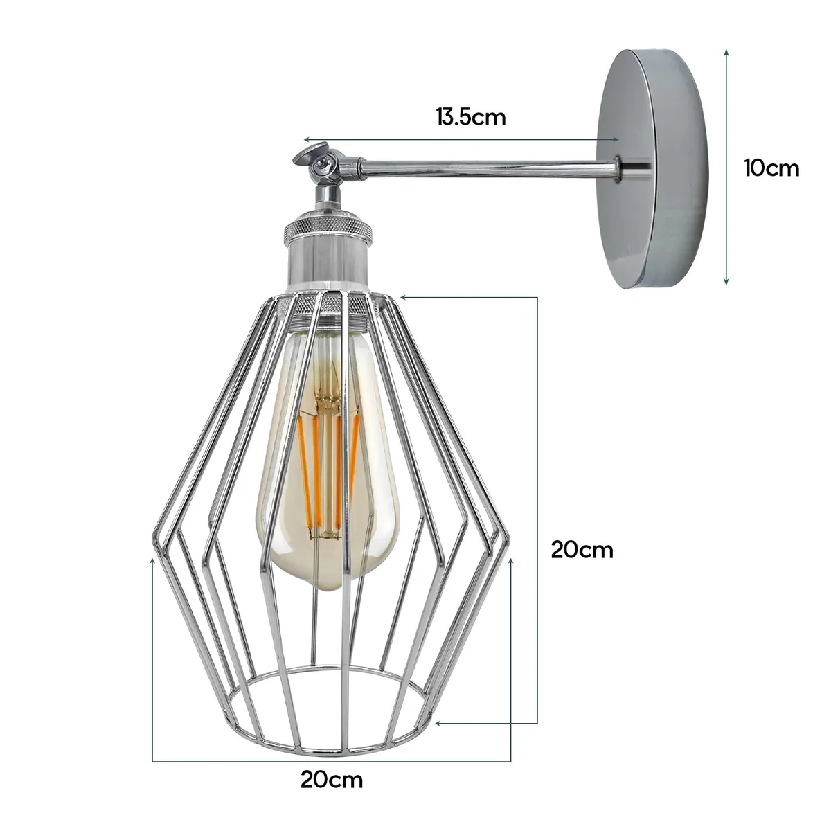 diamond shaped wall light with electroplated metal cage, 20cm square, E27 base, retro vintage style
