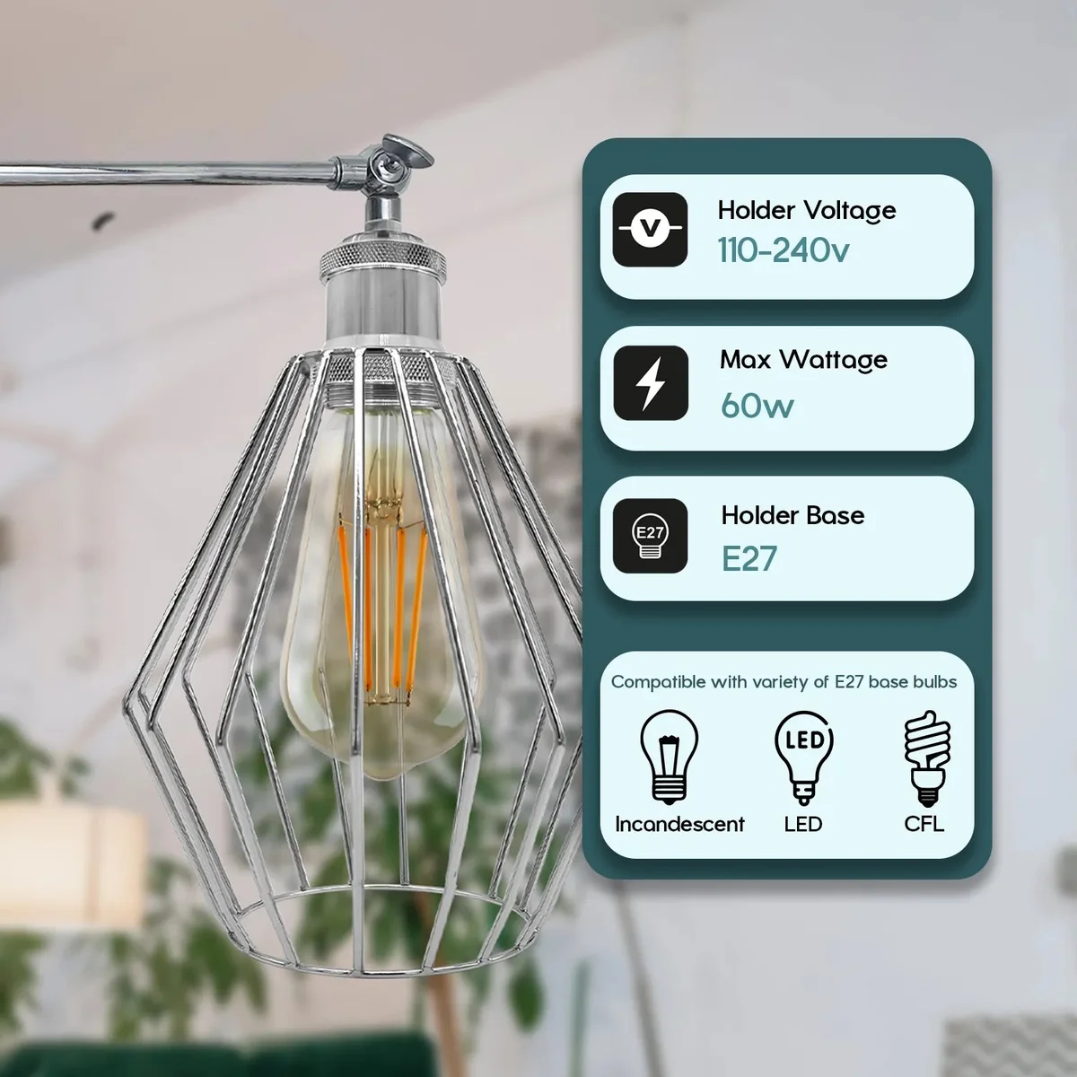 Diamond-shaped retro vintage wall lamp with electroplated metal cage, glass shades, E27 socket, wall-mounted.