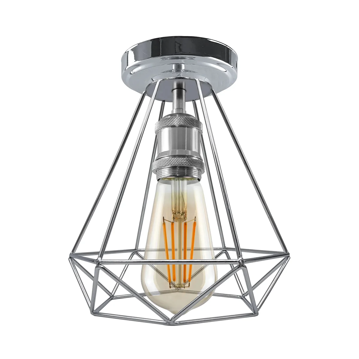 Chrome flush mount ceiling light with metal diamond cage, vintage look, installed directly on flat ceiling