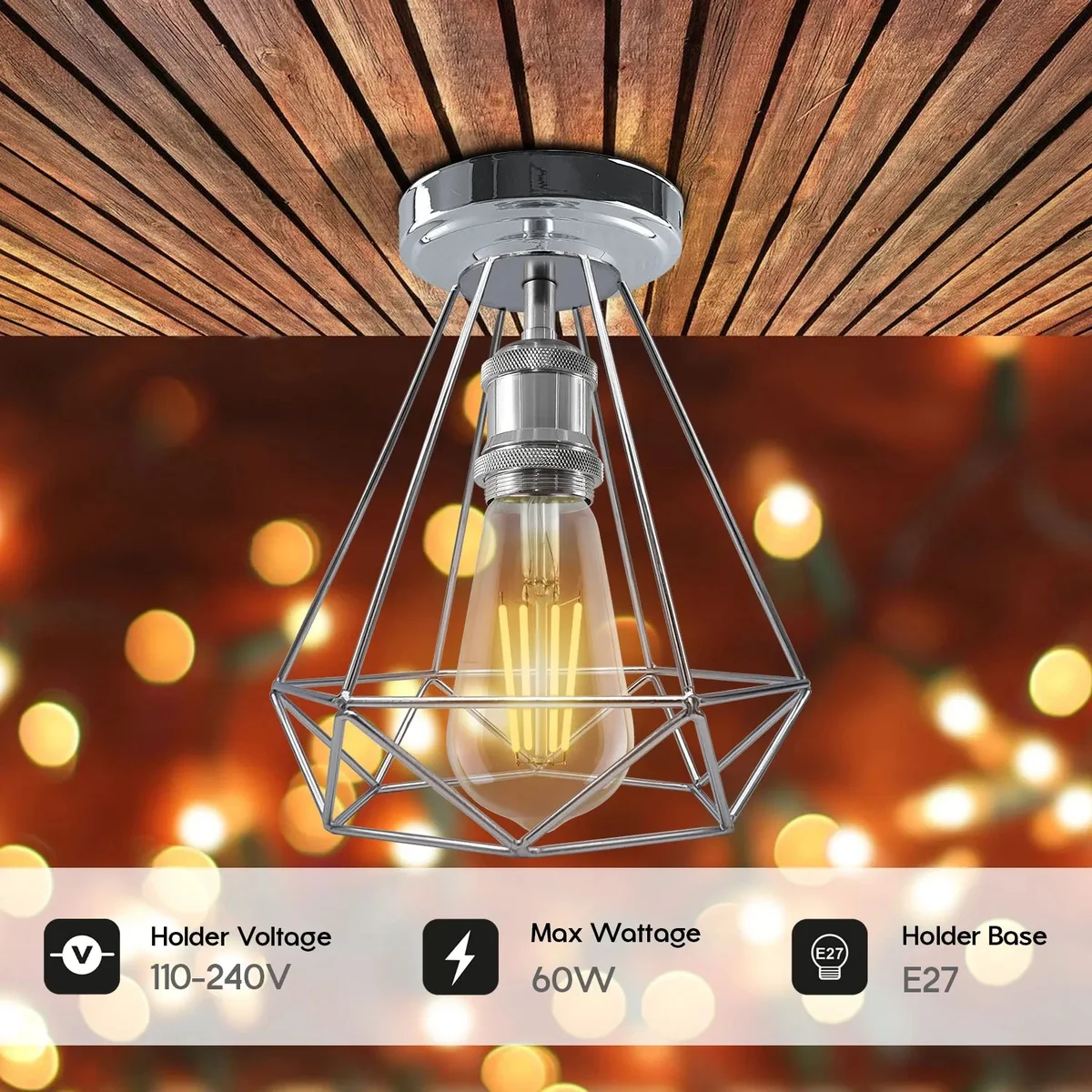 Chrome metal semi‑flush diamond‑shaped ceiling light, 20 cm diameter, with E27 bulb – vintage design, E27 bulb ceiling light.