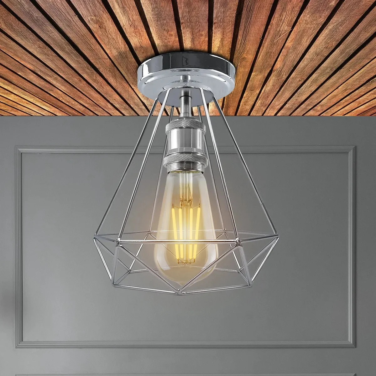 Chrome diamond cage ceiling light, flush mount metal fixture with E27 socket