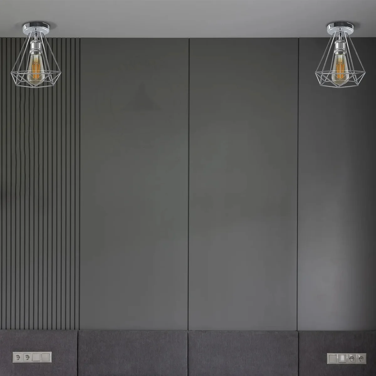 Chrome ceiling light fixture with diamond-shaped metal cage, flush mount, vintage style for low-ceiling rooms.