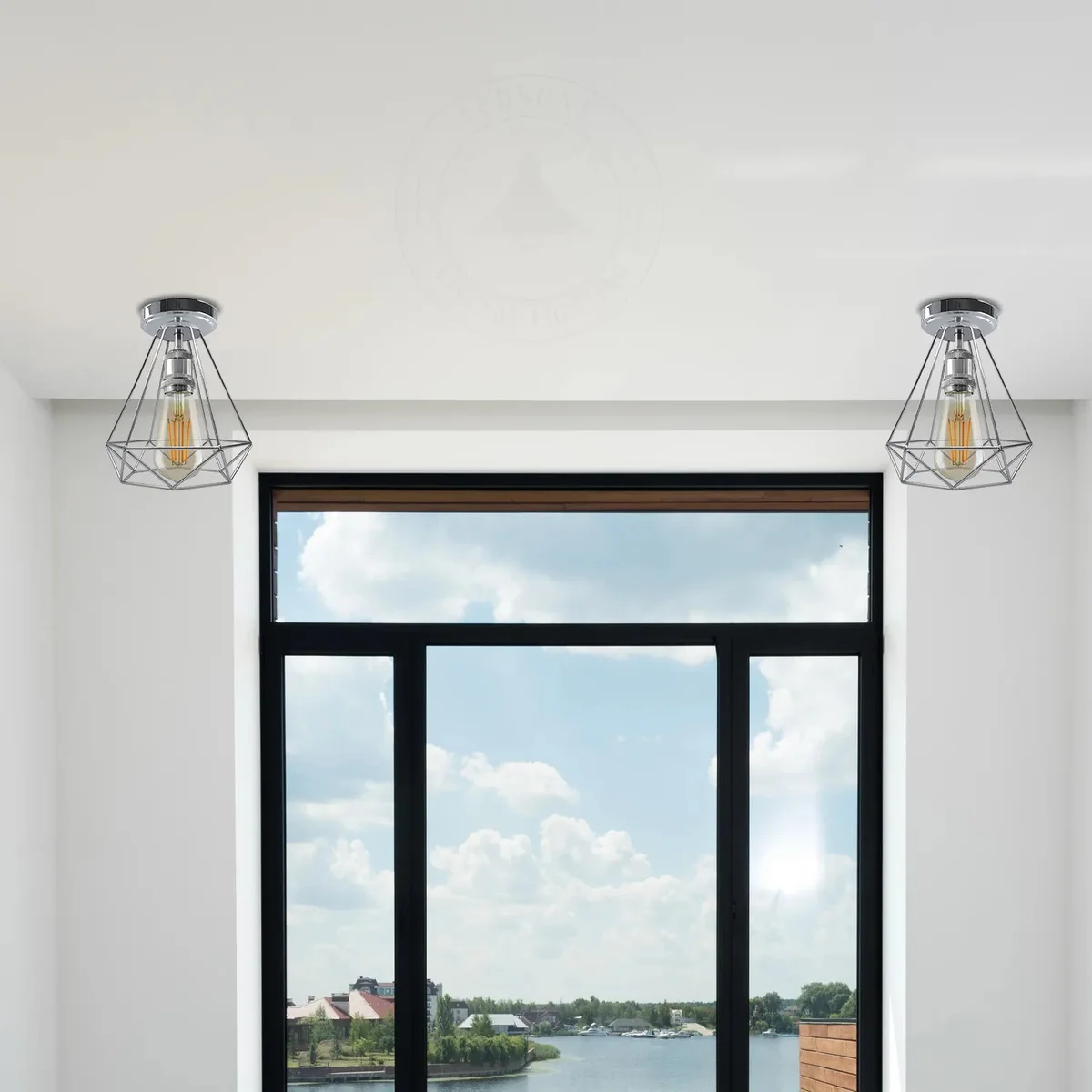 Chrome flush‑mount ceiling light fixture with diamond‑shaped metal cage and E27 base in a low‑ceiling room.
