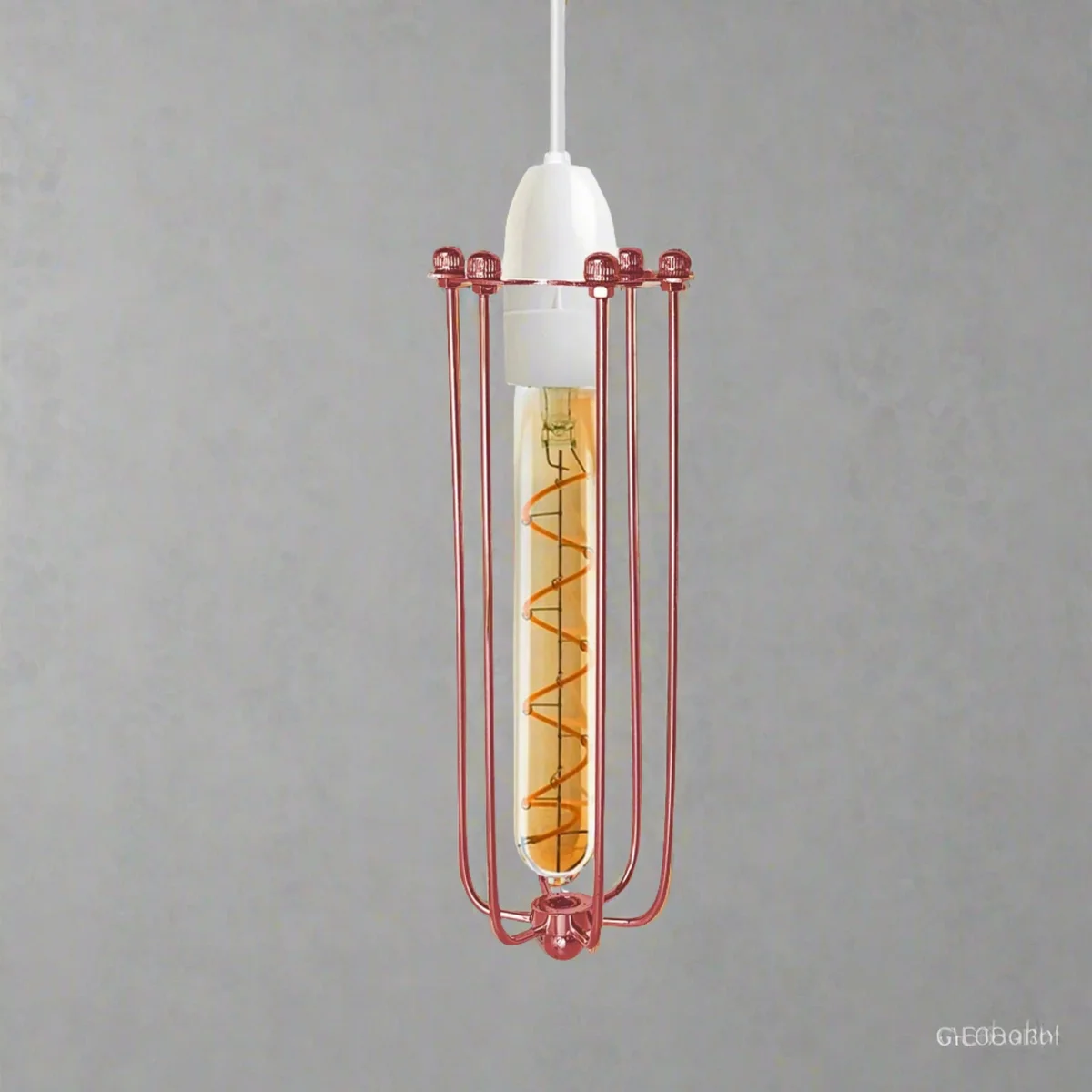 Rose gold long wire cage shade with reducer plate, a robust indoor pendant light shade in vintage industrial style