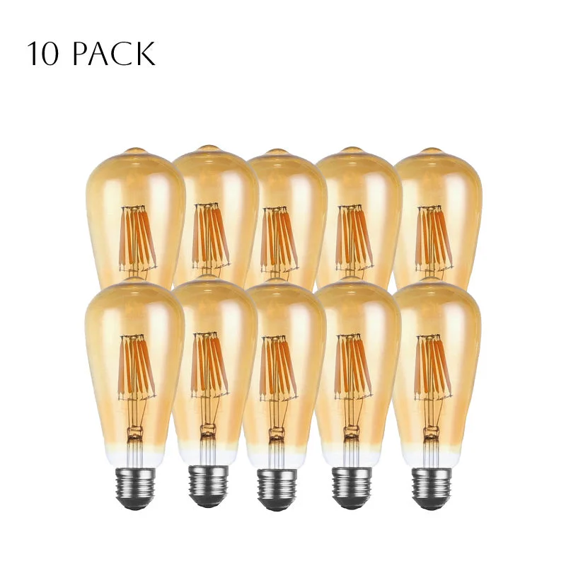A set of 10 dimmable E27 LED bulbs in amber glass, displayed in a clear cardboard box on a white surface.