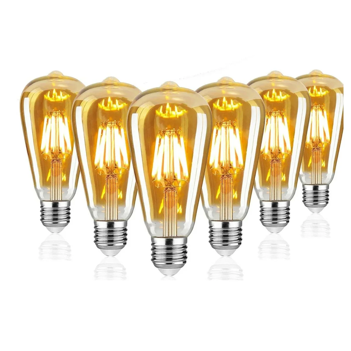 Six vintage LED bulbs with clear glass and classic filament design, 8W, warm white, E27 base.