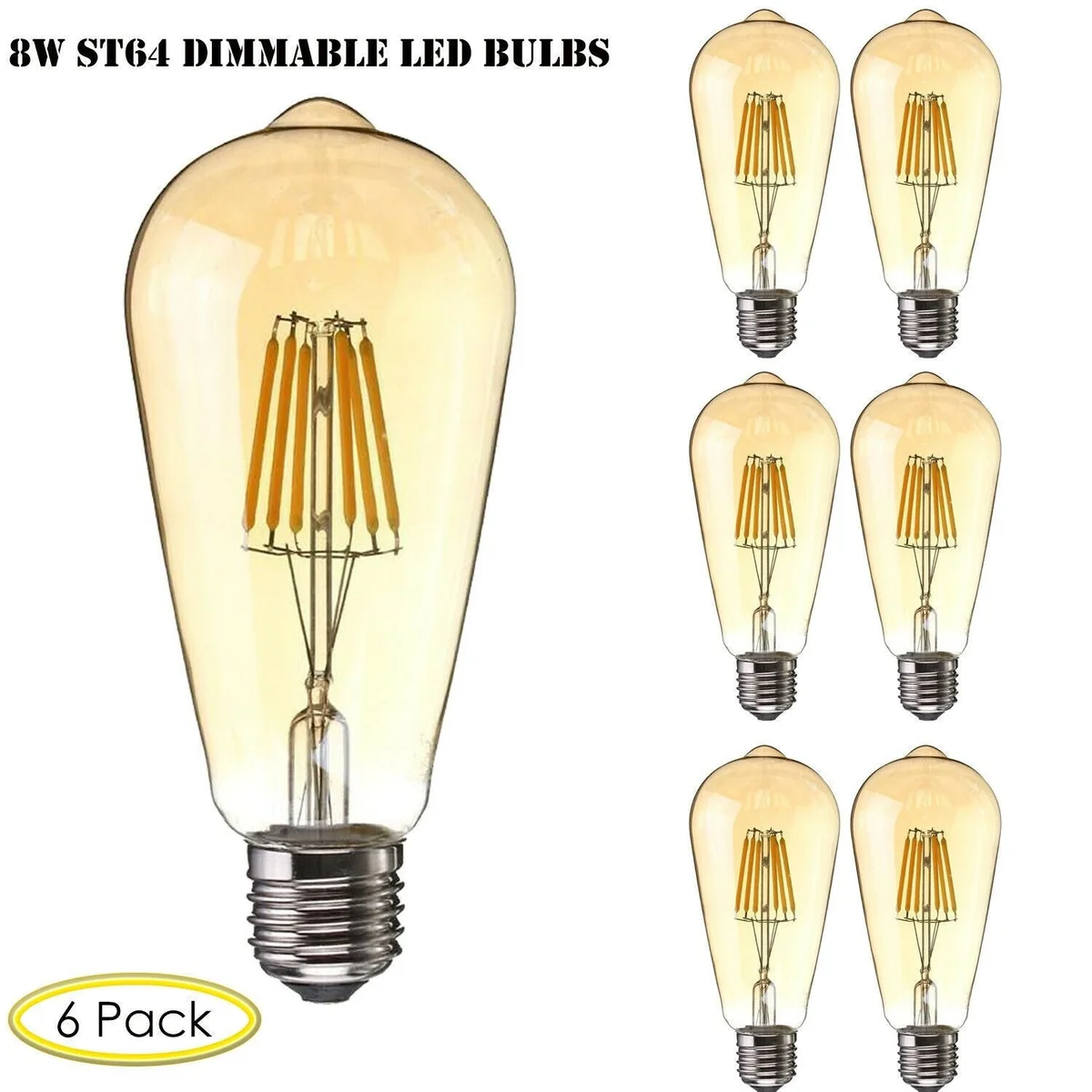 set of six vintage 8W E27 filament LED bulbs, dimmable LED bulbs with classic Edison style, warm white, clear glass envelope
