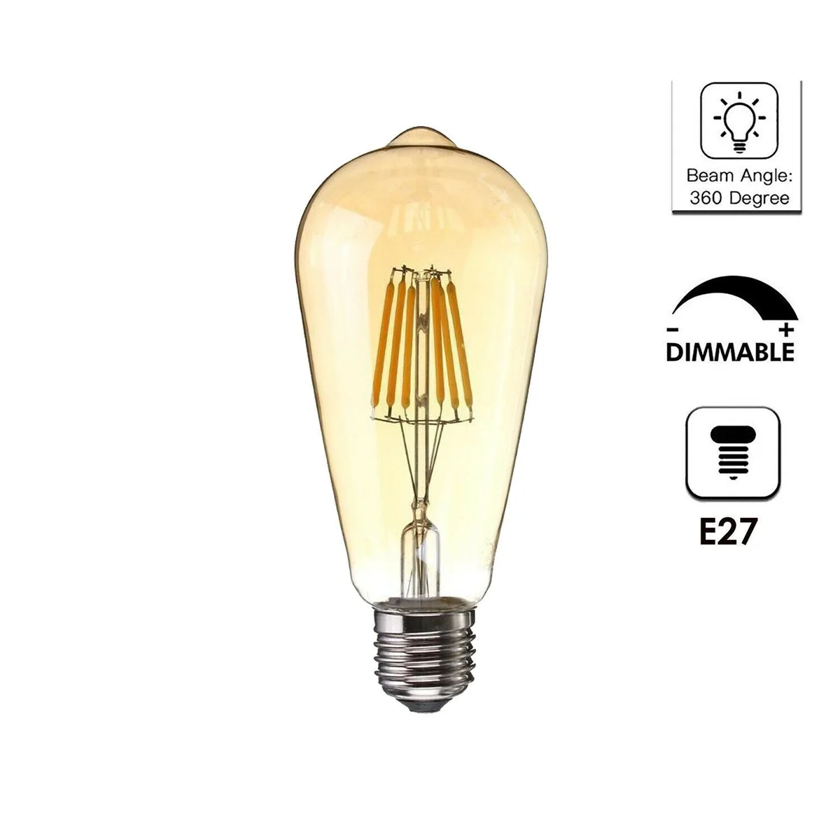 Set of six 8W vintage ST64 LED bulbs in clear glass, glowing warm white, packaged together.