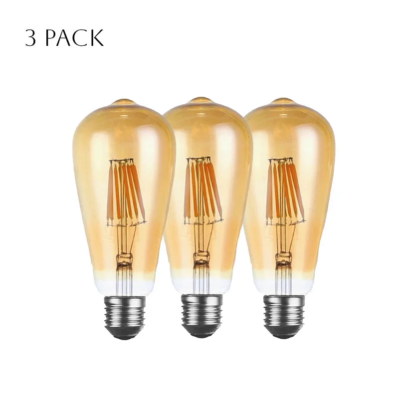 Three amber E27 LED filament bulbs with vintage Edison-style filaments displayed together.