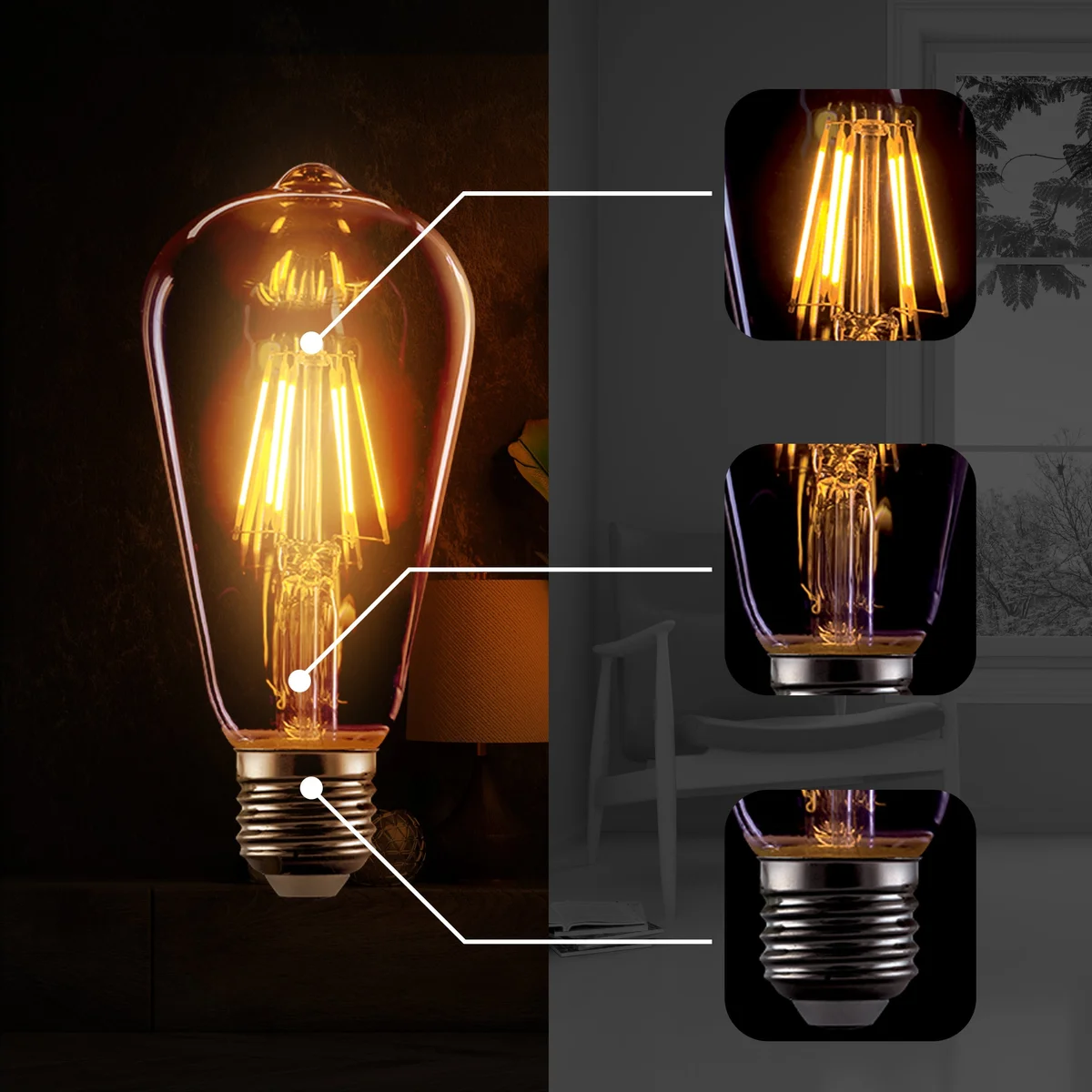 Bundle of three dimmable amber LED bulbs with Edison-style filaments in clear glass, each with E27 base