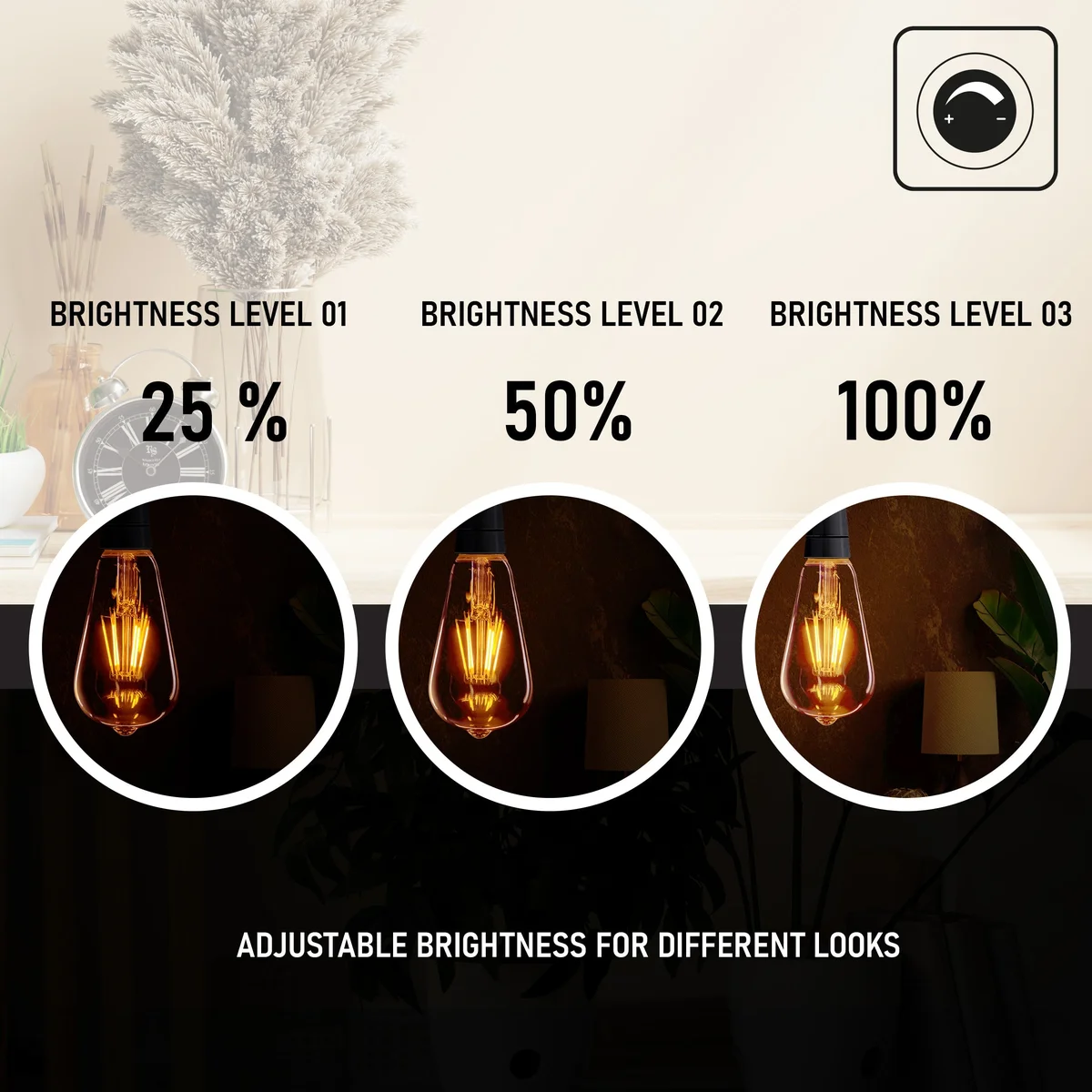 Three amber LED bulbs with E27 screw base arranged in a flat pack, each with filament design and glass body.