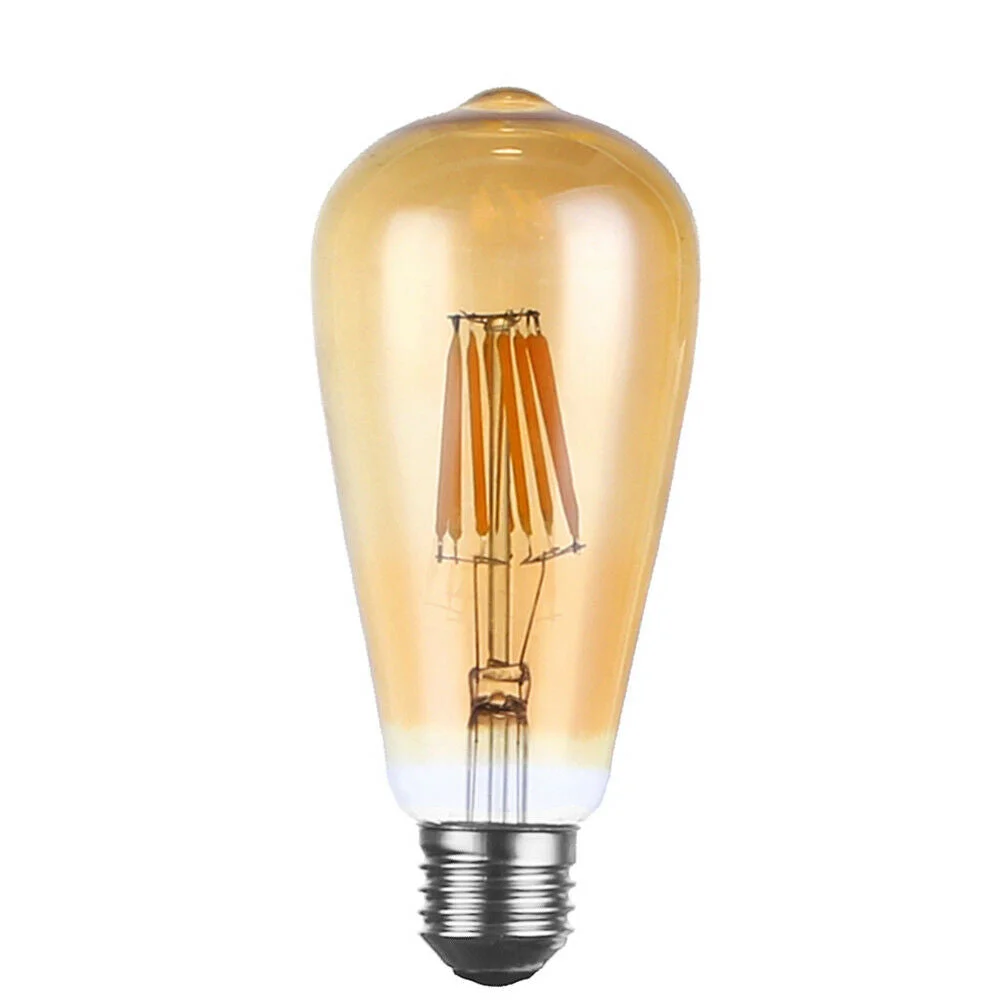 Three amber E27 LED filament bulbs in vintage Edison style, rounded ST64 glass, warm soft light.