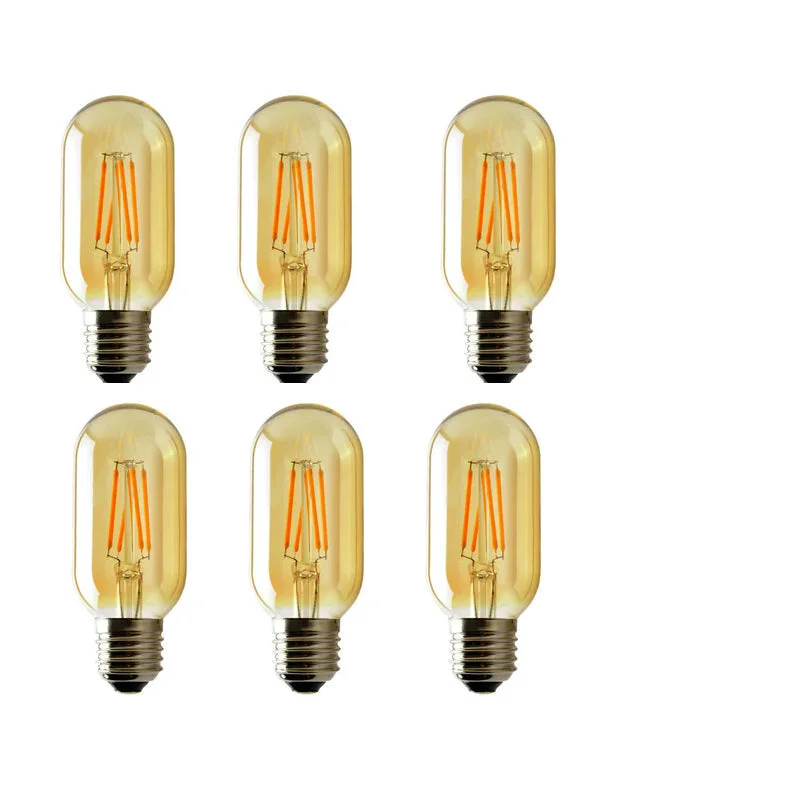 Set of six round vintage LED filament bulbs with visible filaments in an E27 socket, warm white glow