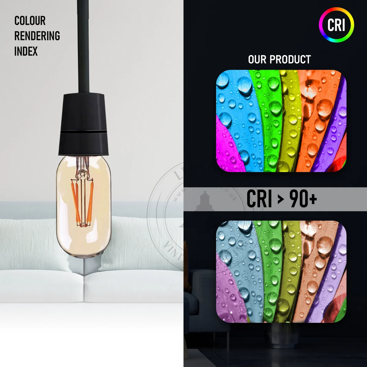 Three amber LED vintage Edison bulbs in E27 sockets, dimmable, 4W, 450lm, stylish retro lighting