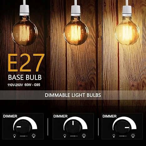 E27 LED bulb pack of three amber G95 filament bulbs with visible filaments, dimmable 4W LEDs.