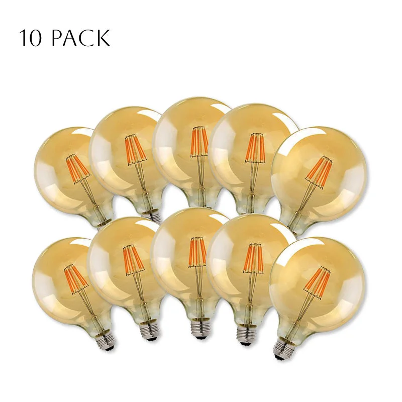 Pack of 10 retro globe bulbs in glass casings, labelled E27 8W.