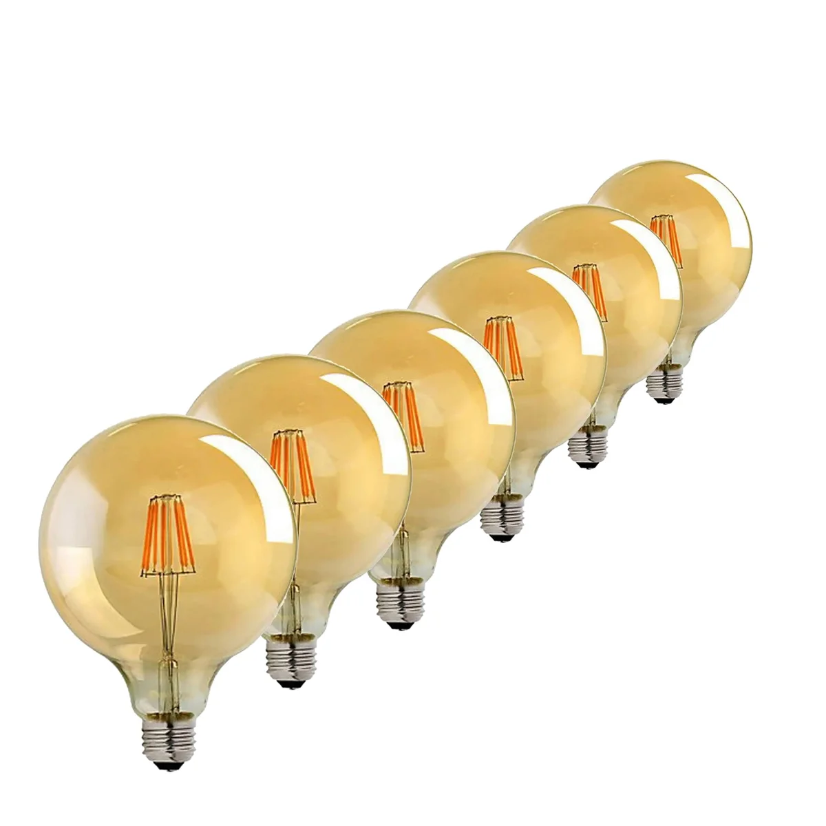 Six dimmable LED bulb globes in vintage white, 8W glass globes arranged together.