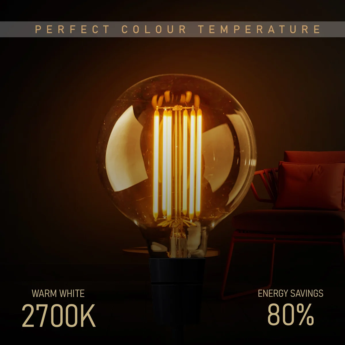 Set of six 8W LED globe bulbs, glass globes with warm white light, vintage style