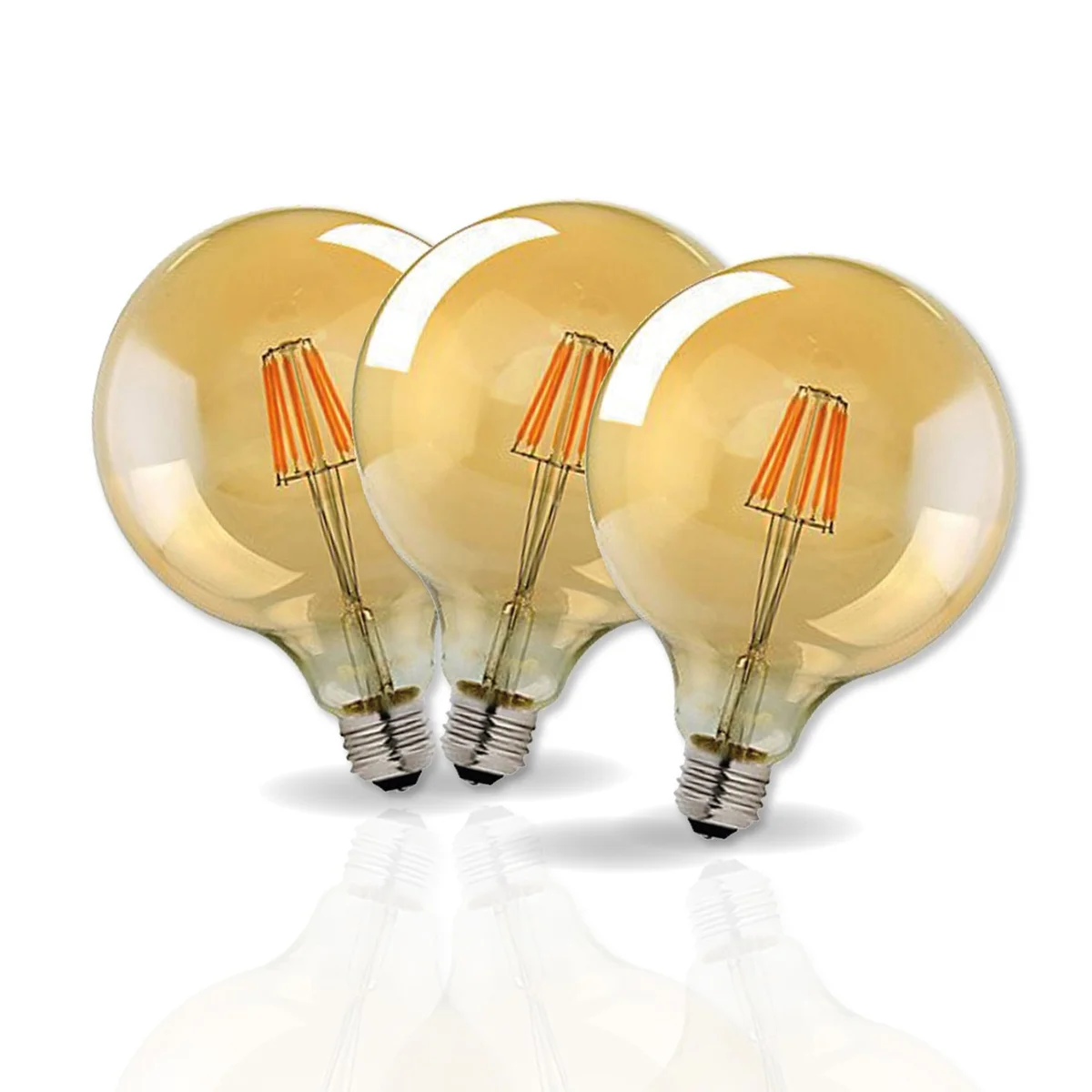 Three amber glass vintage 8W LED filament bulbs, dimmable E27 base, displayed together.