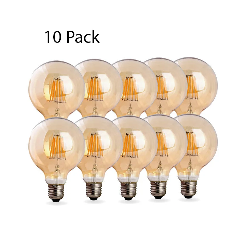 Ten vintage LED bulbs in G95 globe shape, clear glass, warm white, 360° soft light, packed on a light‑neutral background