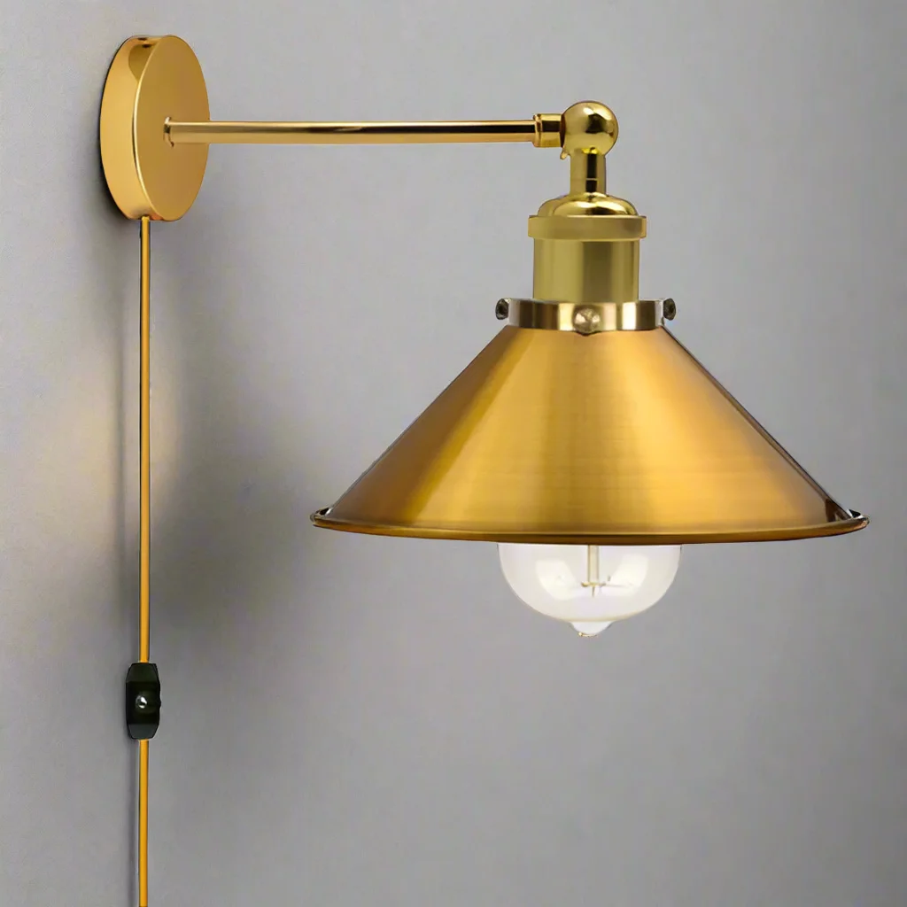 Vintage metal plug in wall sconce with adjustable angled cone shade, black finish, 3‑pin plug visible