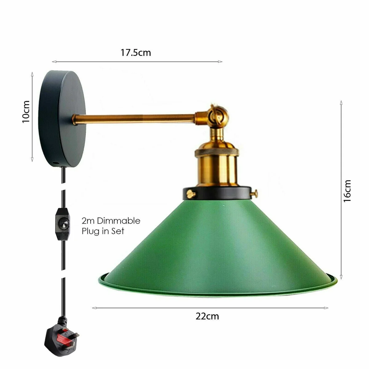 Vintage metal wall sconce with adjustable cone shade, polished metal body, British 3-pin plug, placed on interior wall.