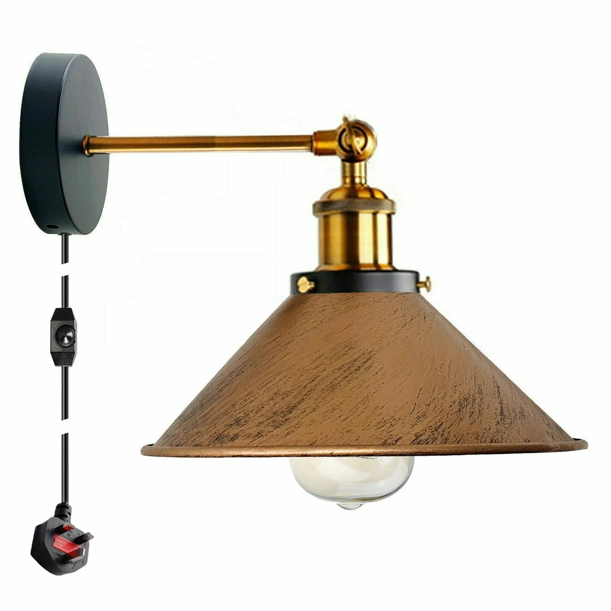 Vintage metal wall sconce with adjustable cone shade, plug‑in, ready for an E27 bulb, great for interior décor