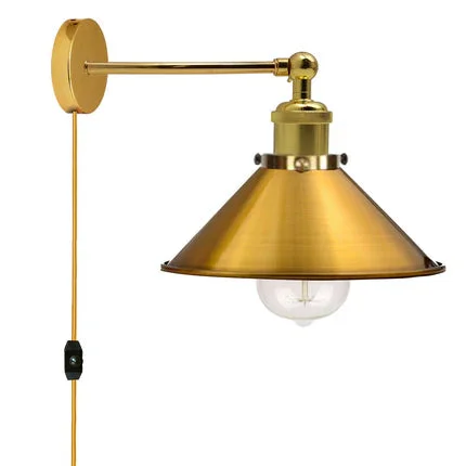 Dimmer switch wall light vintage metal cone shade plug in sconce with adjustable angle.