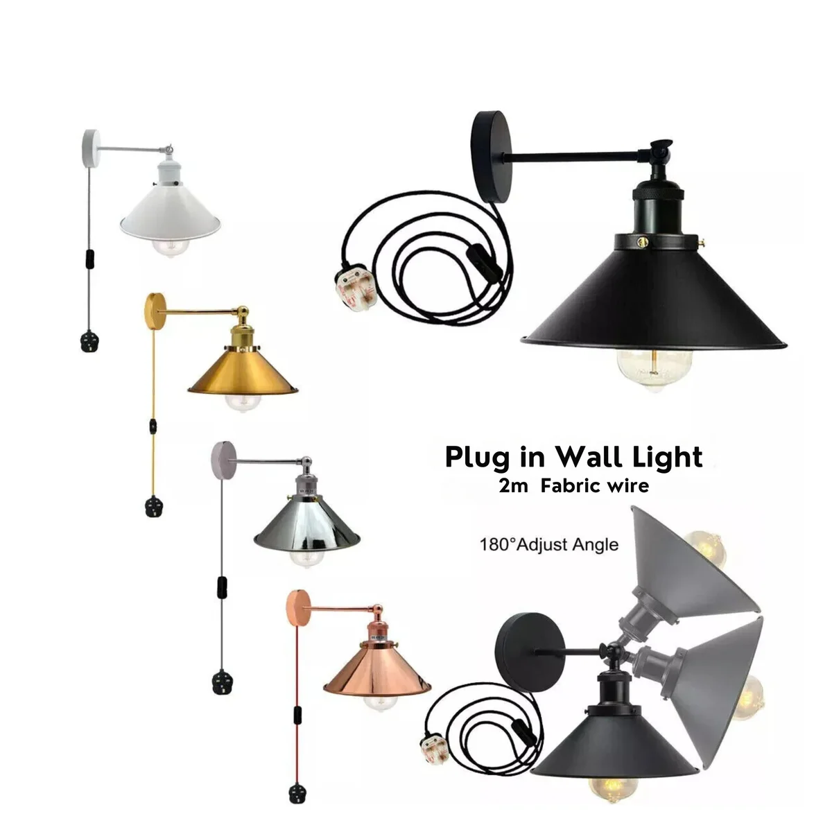 Vintage metal wall sconce light, adjustable cone shade, dimmer switch, British 3‑pin plug – an indoor plug in light.