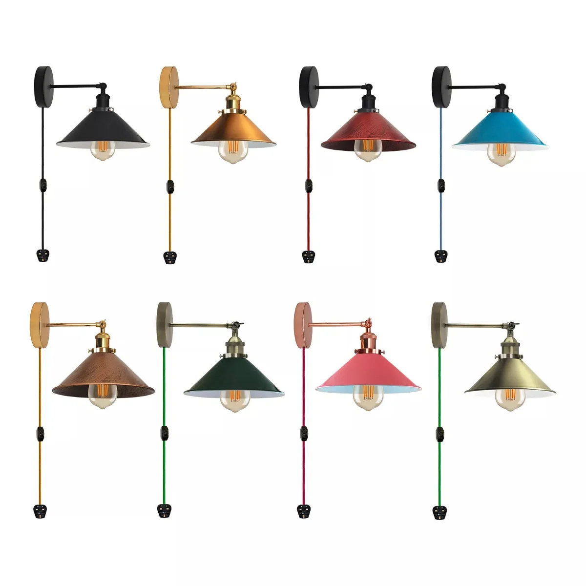 Vintage metal plug in wall sconce with adjustable cone shade and 3-pin plug