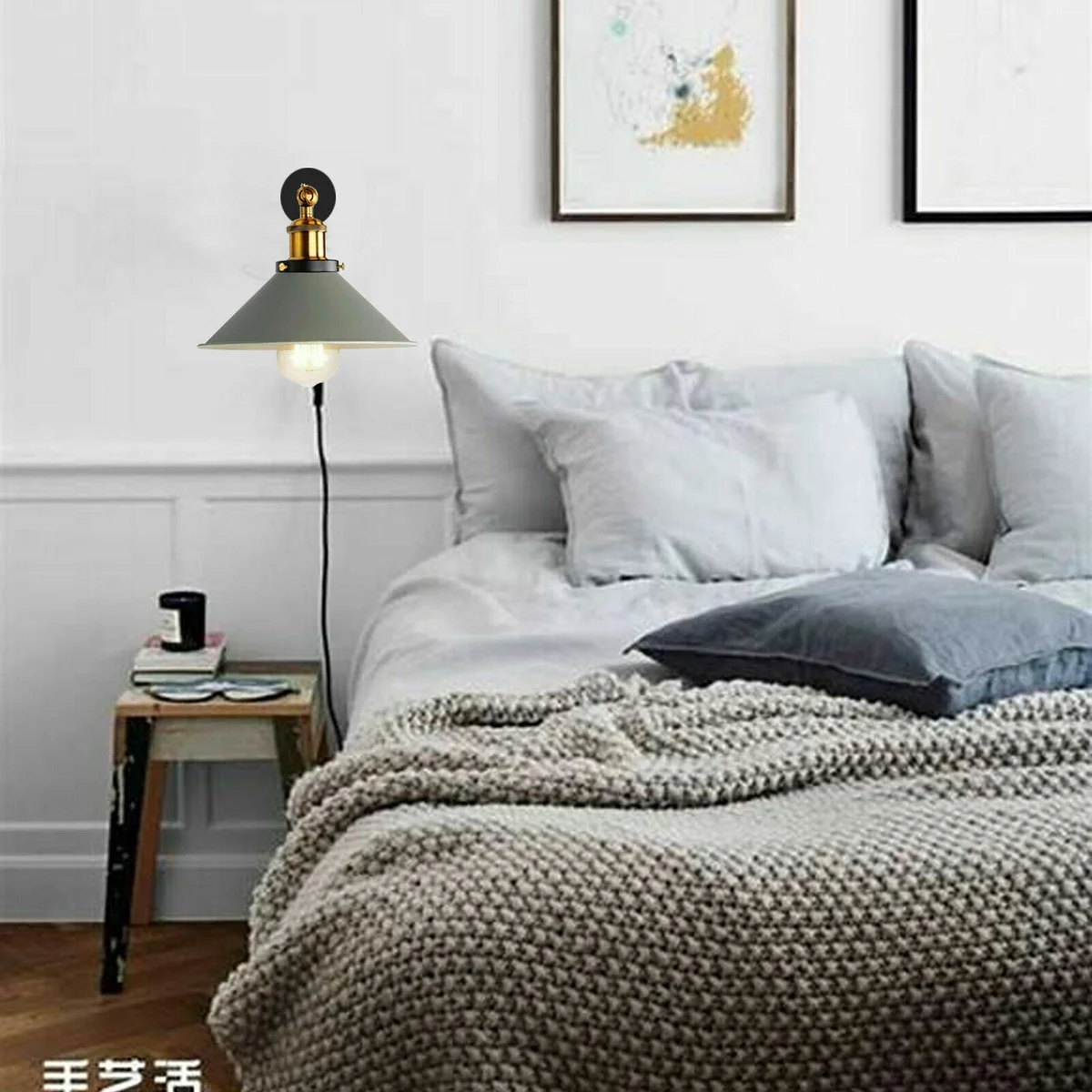 Metal plug in wall sconce with vintage retro style, cone shade, adjustable arm for interior lighting