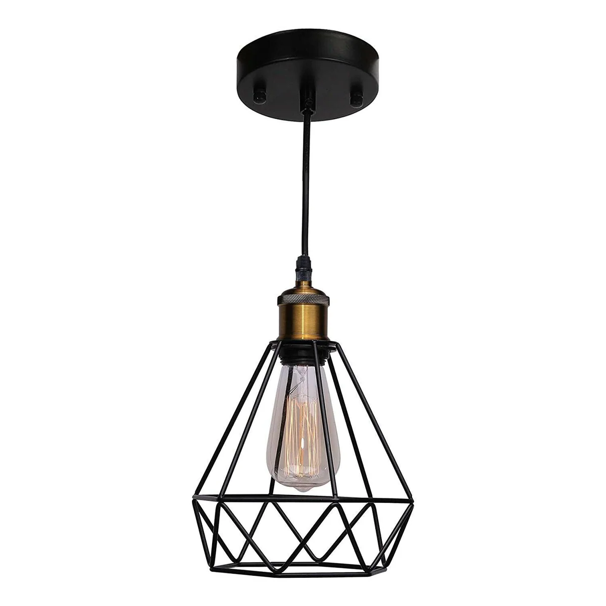 Black metal pendant light with diamond shape, sleek metal cage and 95cm cable.