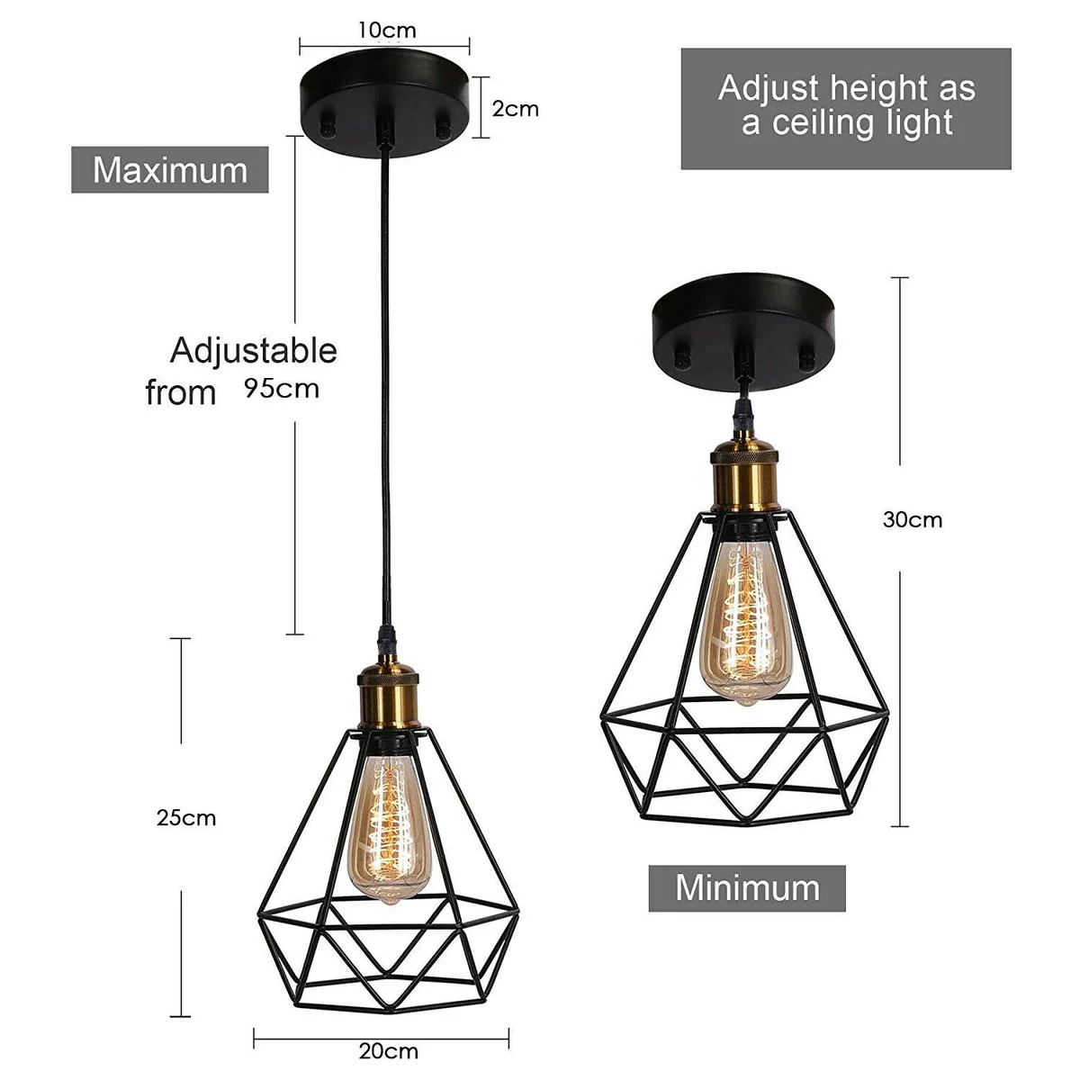 Black diamond-shaped dimmable pendant light with metal cage, 10cm base, 95cm cable, mounted on ceiling