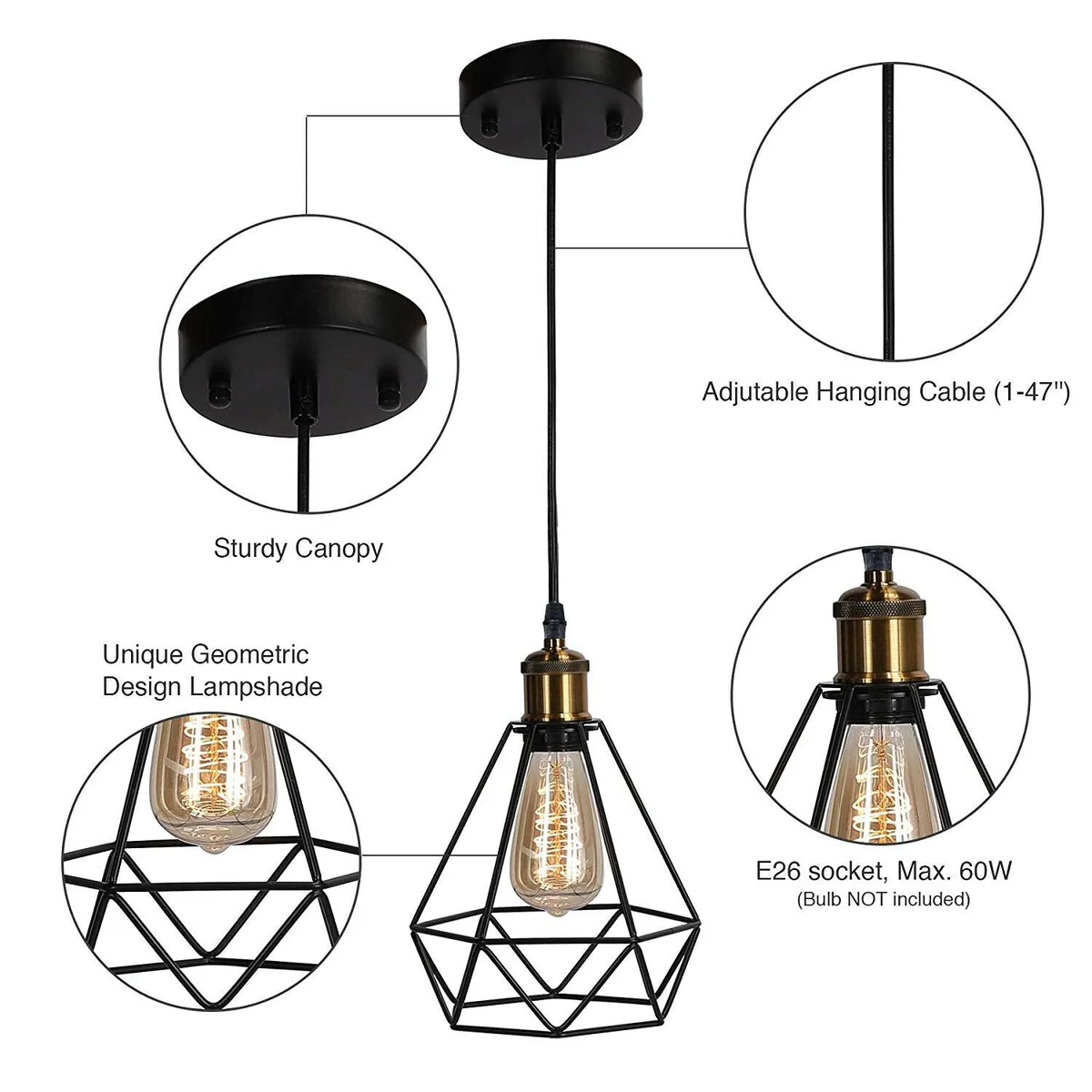 Decorative ceiling lamp: black metal diamond‑shaped pendant with multi‑layer painted body, PVC base, 95 cm cable, E27 socket
