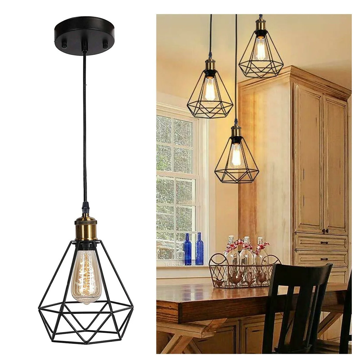 Black metal diamond cage pendant light with multi-layer paint, hanging from ceiling via 95cm cable, open‑air design.