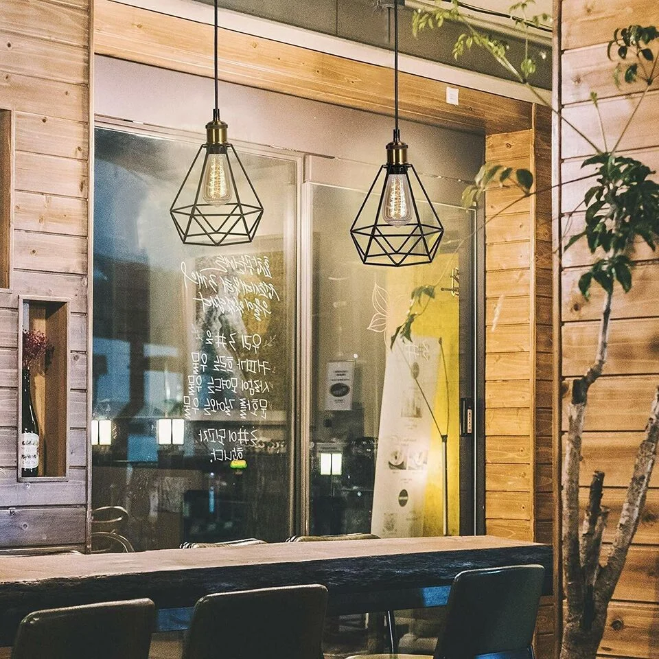 Black metal diamond cage pendant light hanging from 95cm cable, with 10cm base plate, E27 socket for warm romantic lighting.