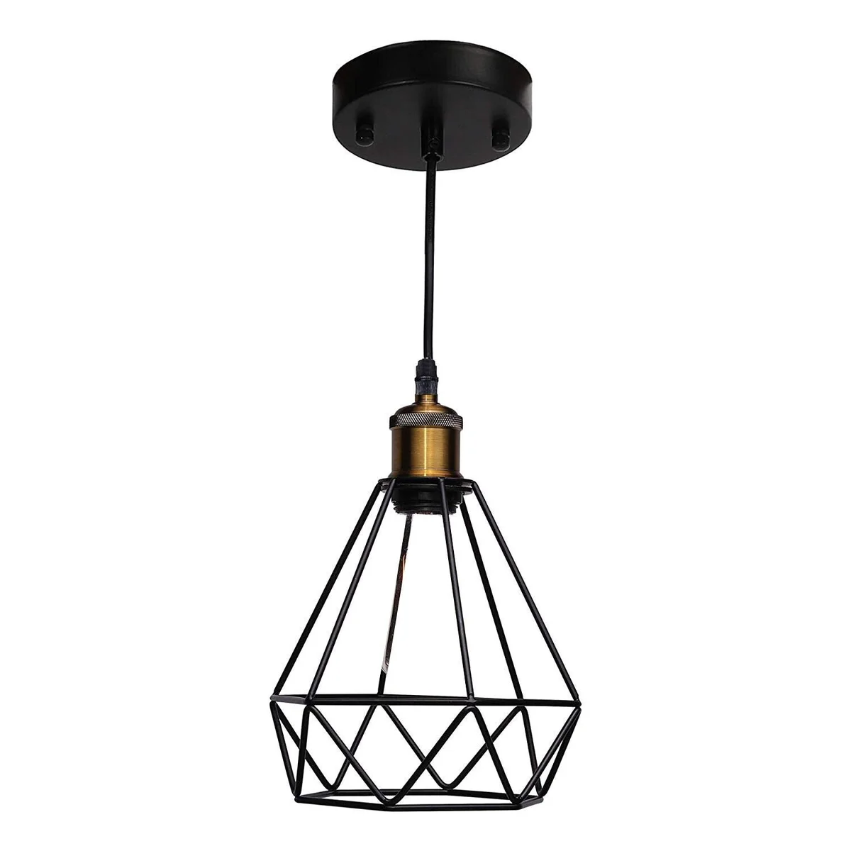 Black metal diamond cage pendant light hanging from ceiling, featuring a multi-layer painted body and E27 socket, ambience