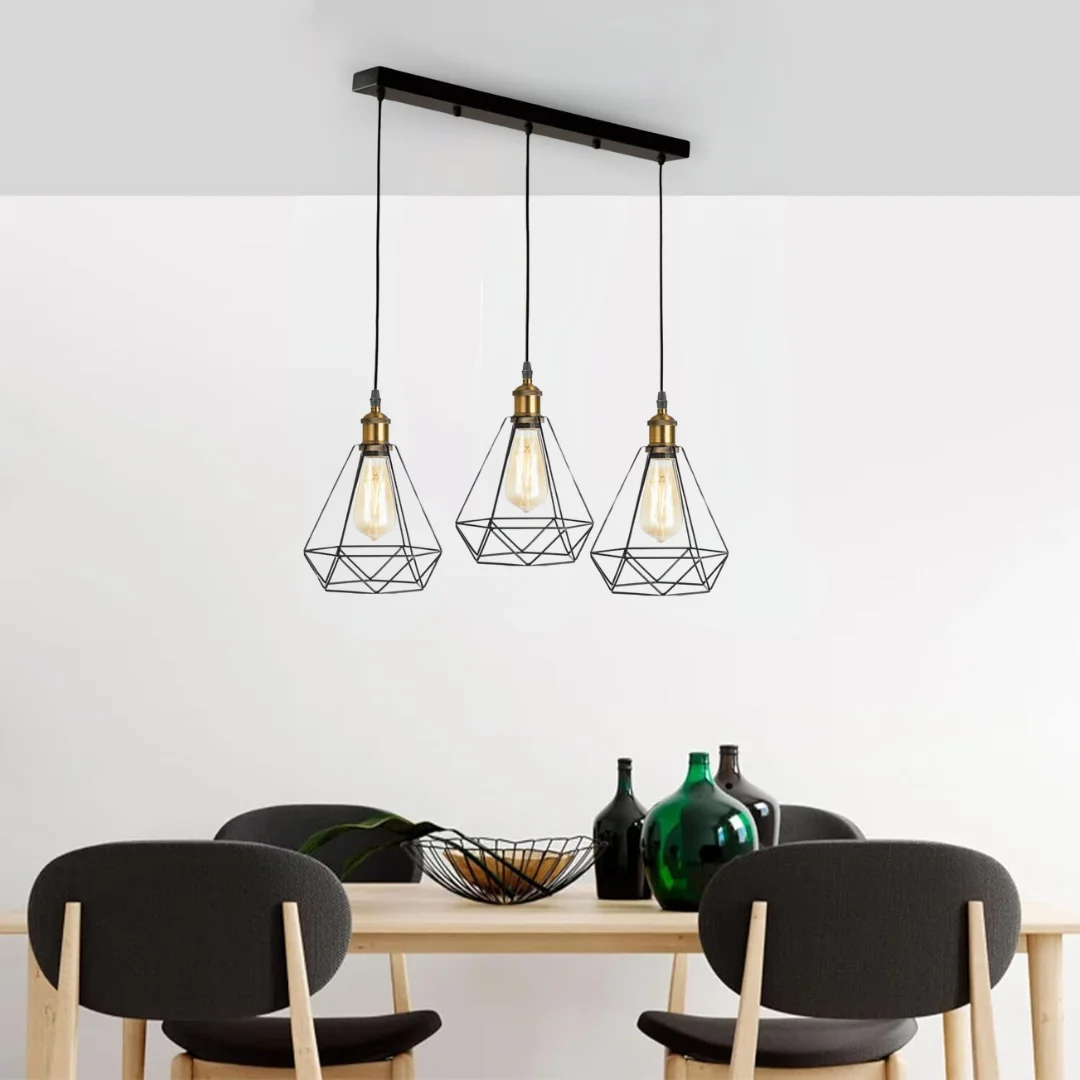 Industrial ceiling light with black metal cage, 3 capsules, 95cm PVC cable, and black rectangle base.