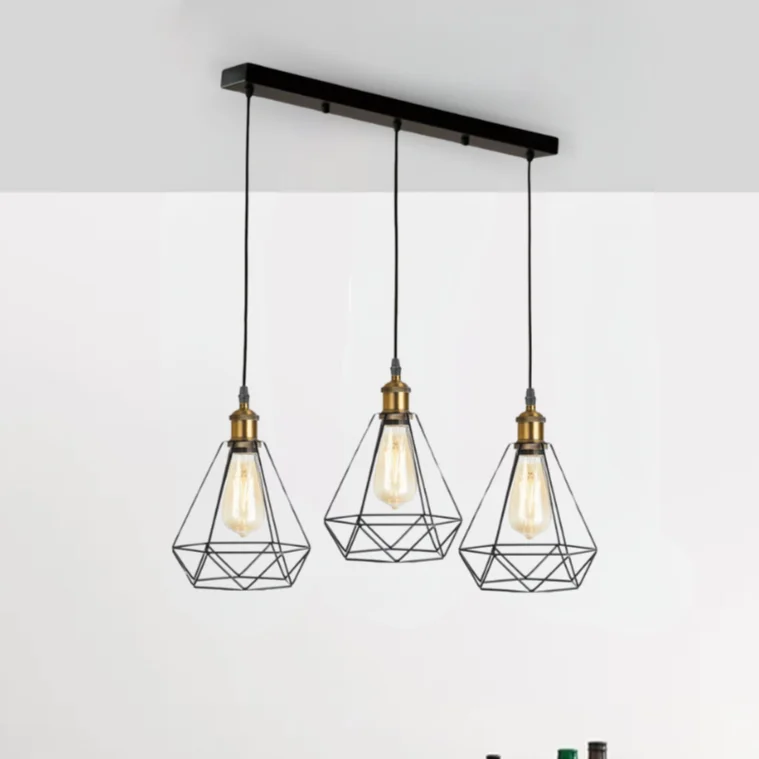 Black metal modern pendant light with three LED holders, hanging on 95cm cable, mounted to a 50cm rectangular base.