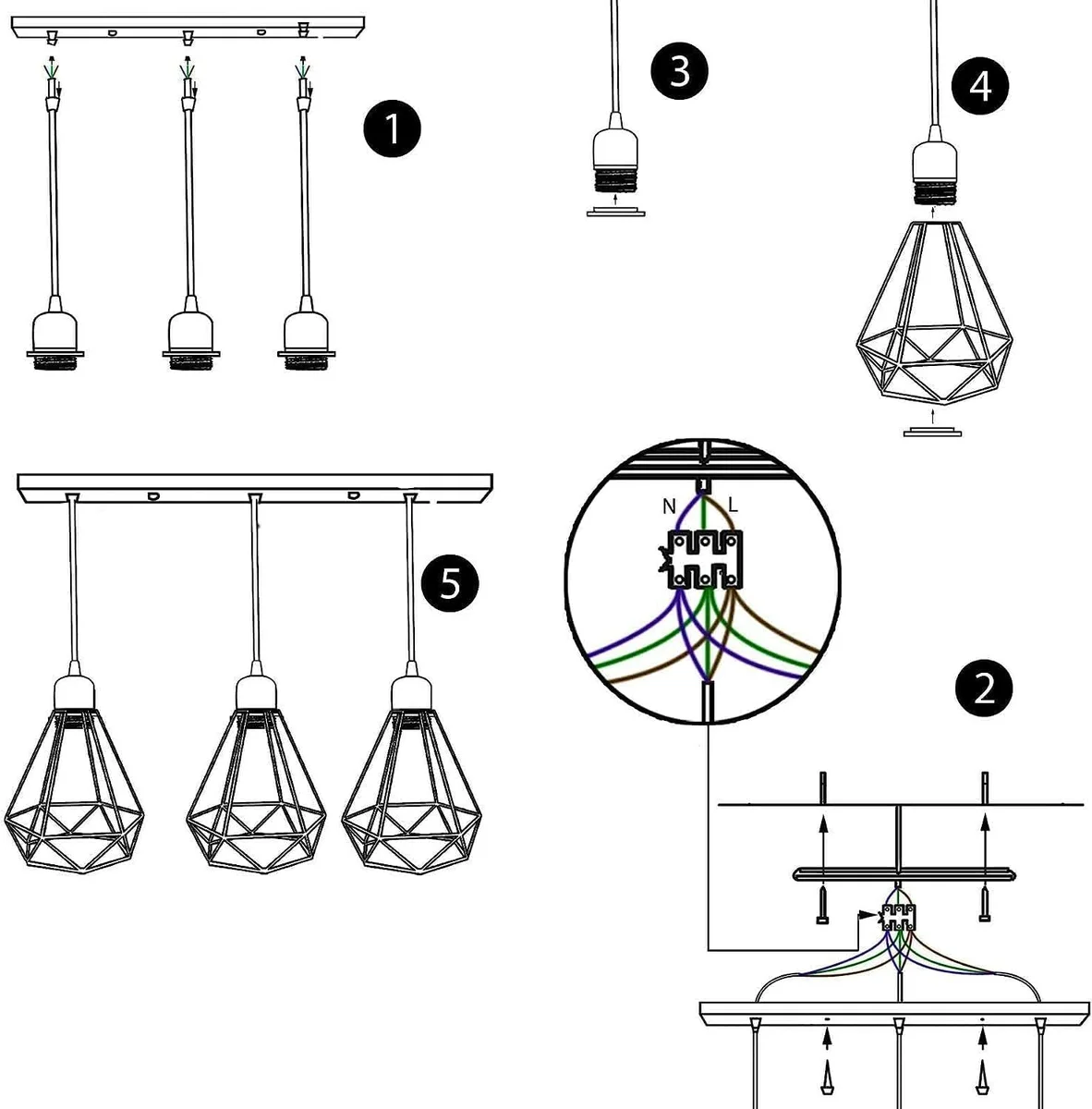 Black industrial ceiling light with metal cage and white bulbs, hanging from a 95cm PVC cable on a rectangular base