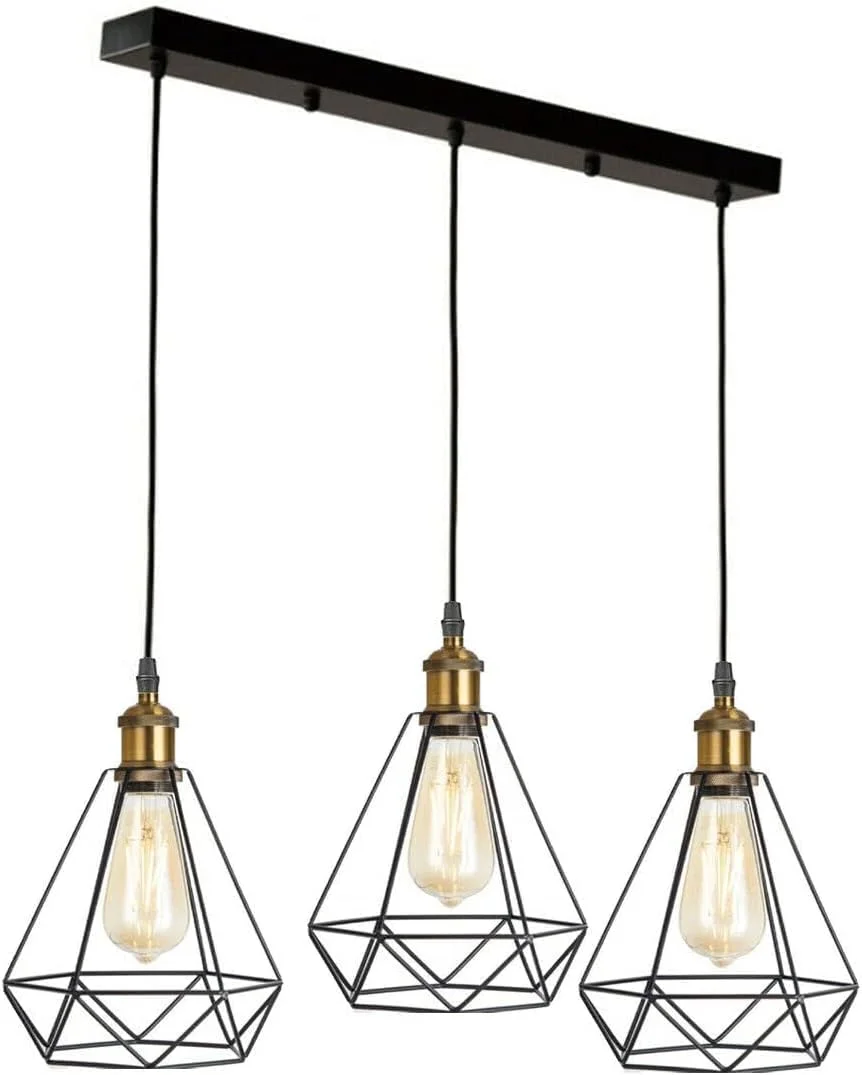 Black industrial ceiling light hanging pendant lamp with metal cage, 3 light holders and PVC cable, stylish retro design