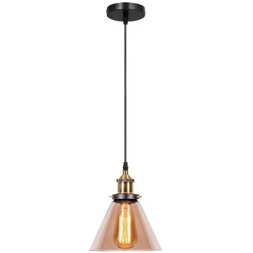 Industrial amber glass pendant light with modern metal frame hanging from ceiling, PVC cable.