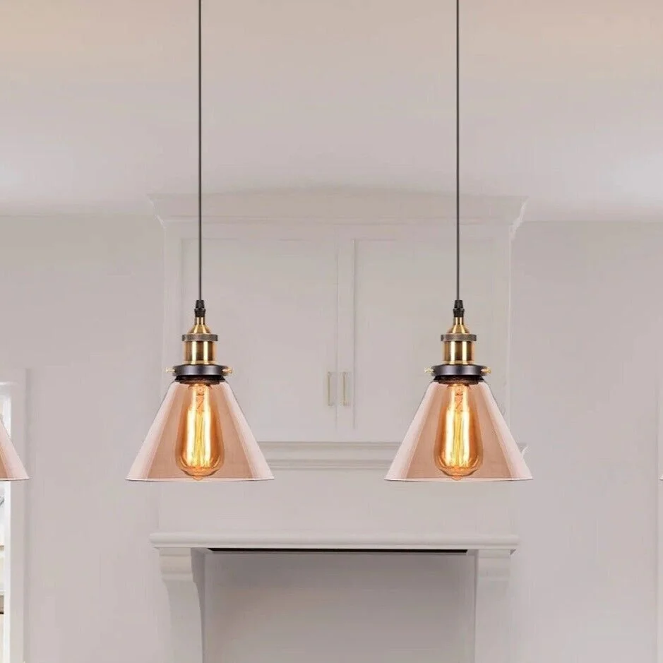 Amber glass pendant industrial ceiling light with classic modern style, suspended on PVC cable
