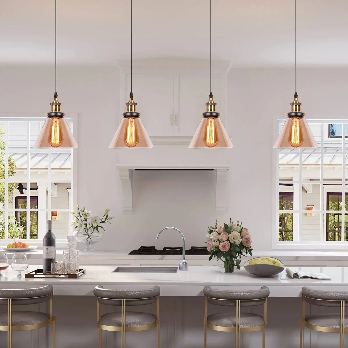 Amber modern industrial glass lamp shade hanging from ceiling, pendant light.