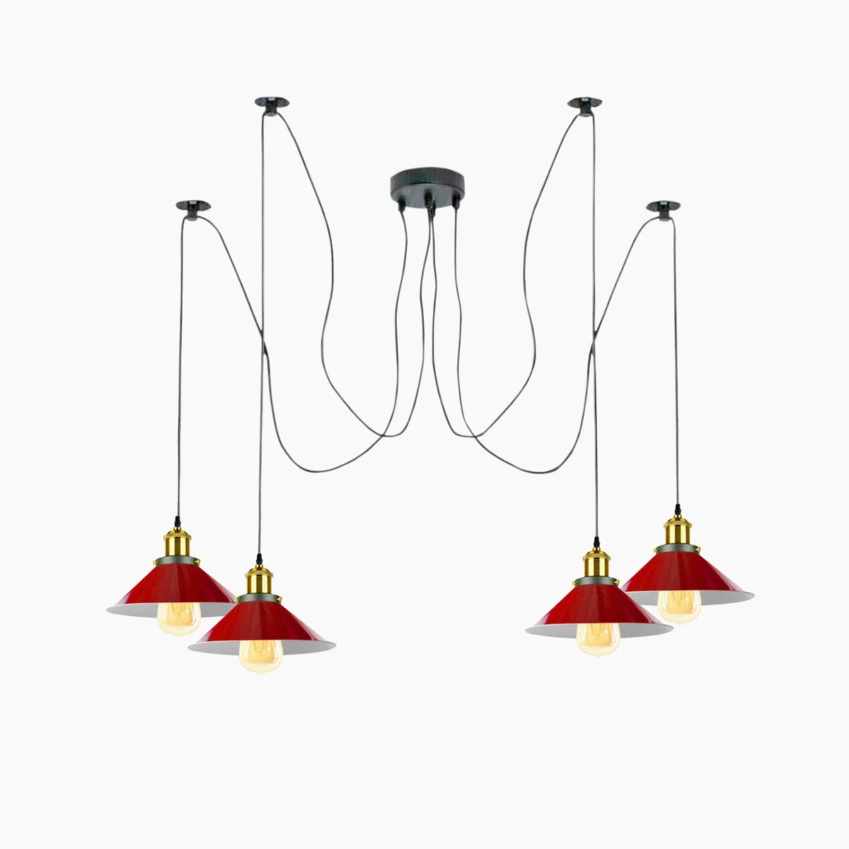 Red adjustable ceiling lamp with five metal spider arms and glossy finish, each arm holding a detachable light shade.