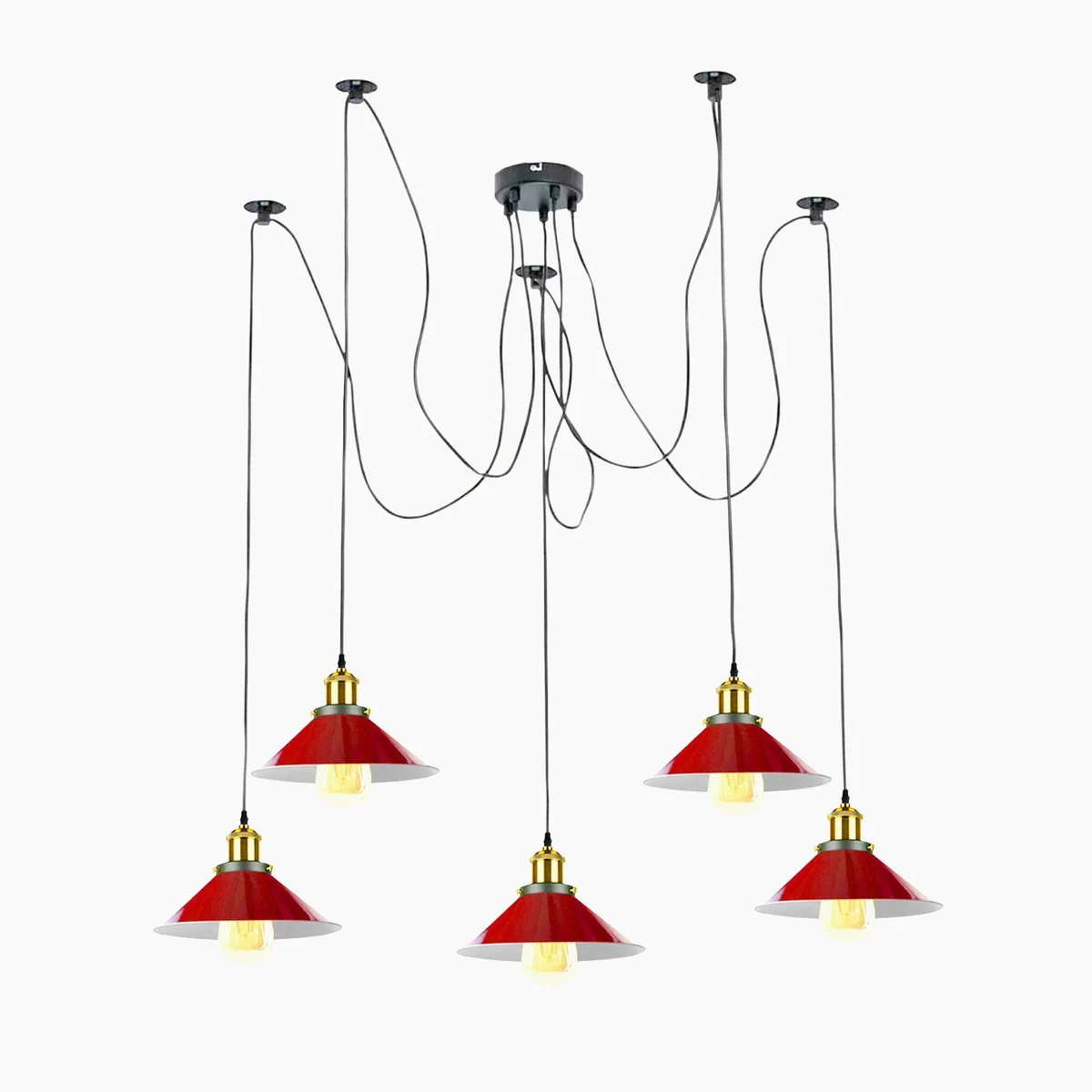 Red metal pendant light with five glossy metal spokes and small red shades, mounted on a semi‑flush ceiling.